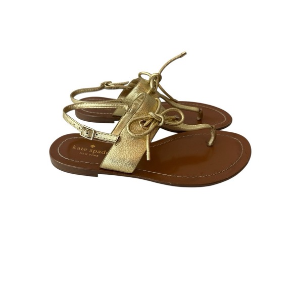Kate Spade Sandals Womens 7.5M Flat Metallic Shoes‎ Bow Slingback Summer Gold - Picture 3 of 6